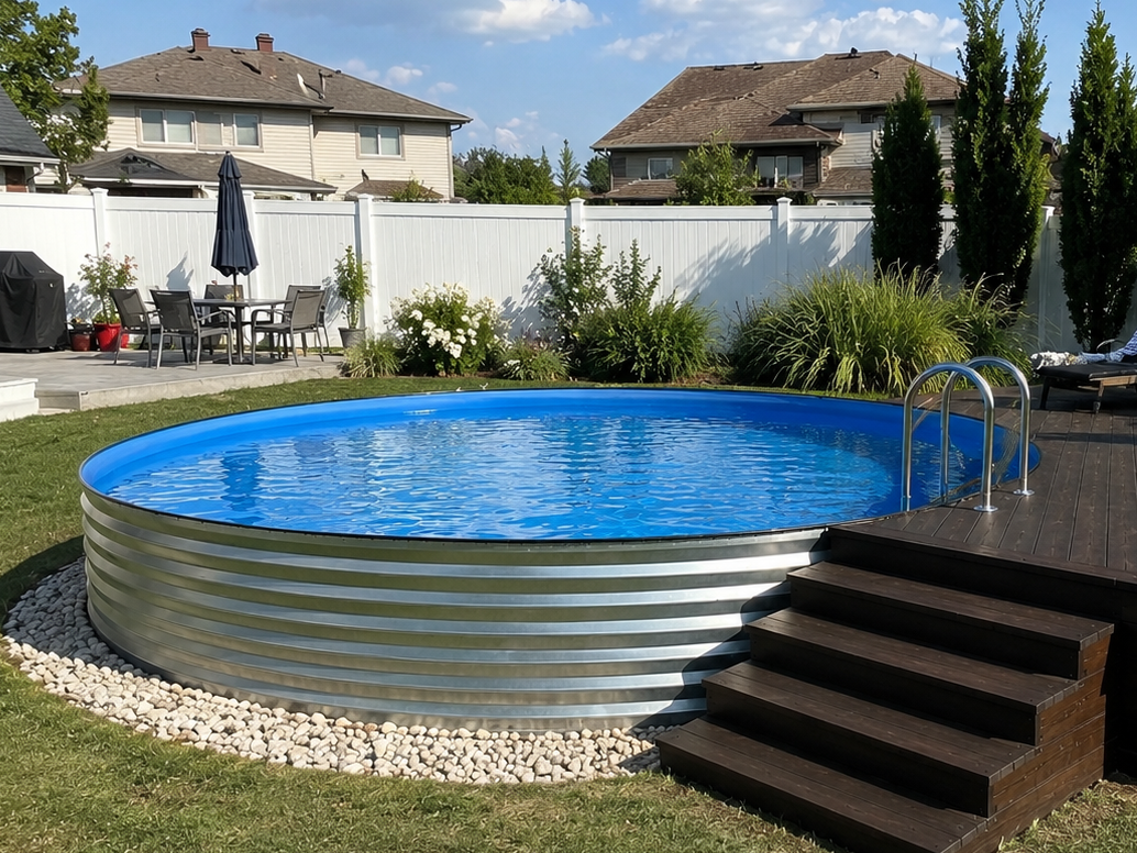 Modern corrugated steel backyard pool installation in Texas