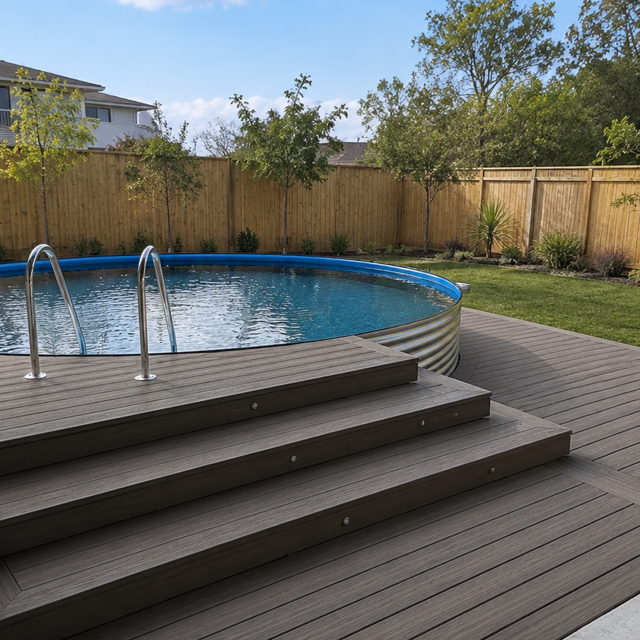 Modern steel pool backyard setup in New Braunfels Texas