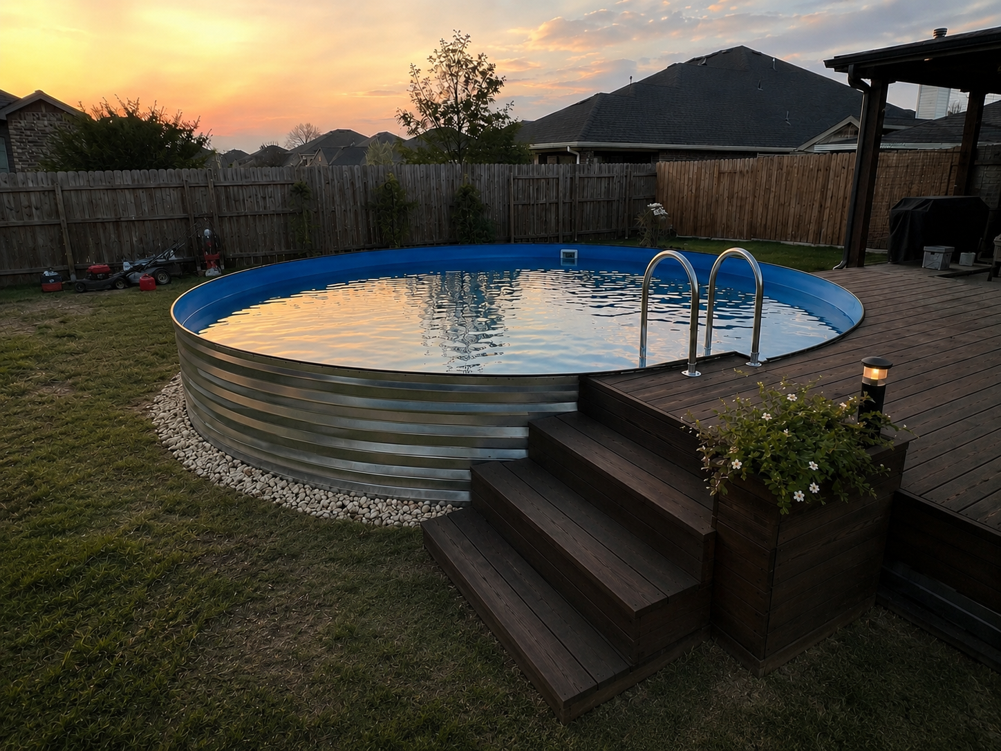 Semi Inground Pool Ideas for Texas Backyards Modern steel pool backyard setup