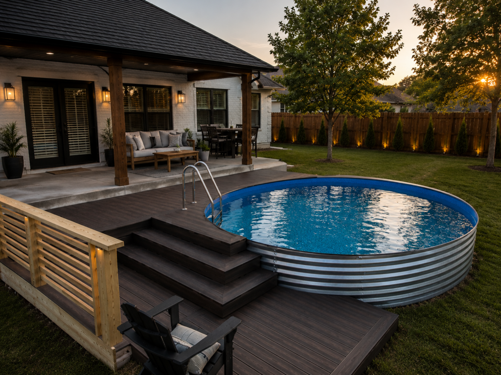 Modern steel pool backyard setup in New Braunfels Texas